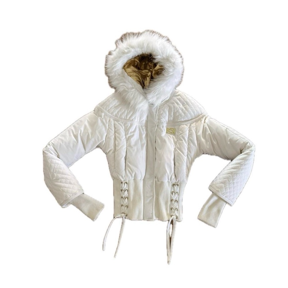 BEBE White Quilted Hooded Jacket with Fur Trim